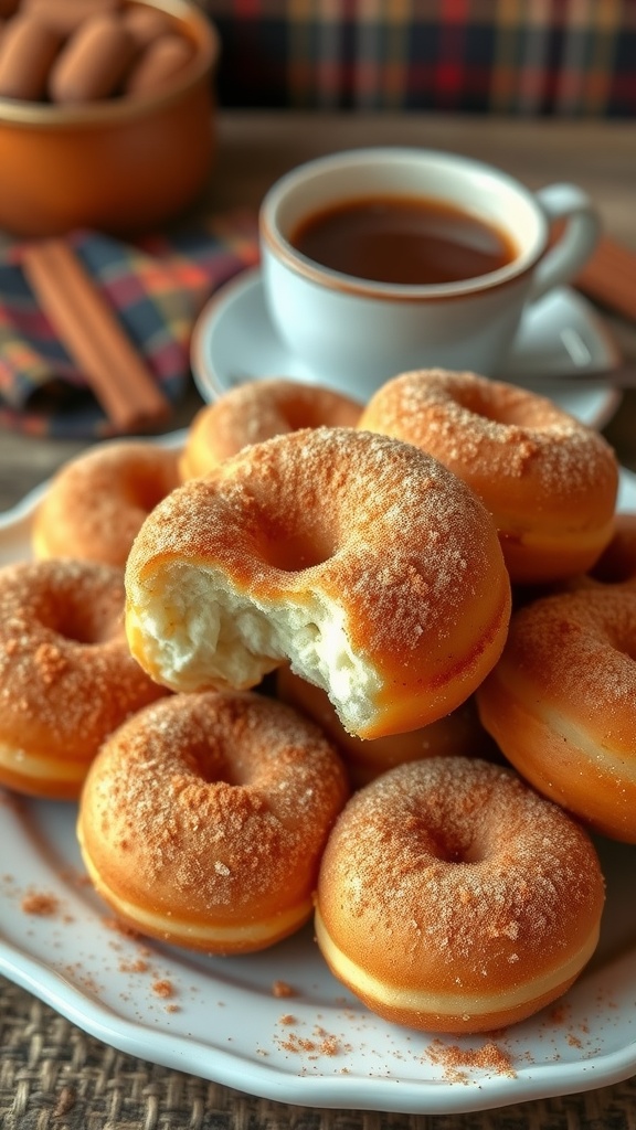 Homemade cinnamon sugar donuts on a plate with a cup of coffee on a rustic table.